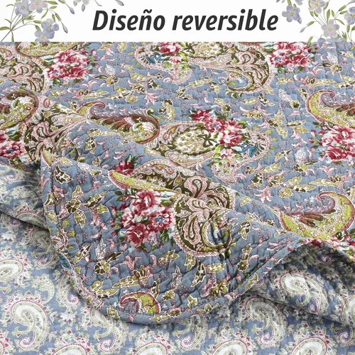 Vista 5 de Cozy Line Home Fashions Juego de ropa de cama acolchada reversible de 3 piezas, 100% algodón, rojo verde, estilo cottage floral francés campestre