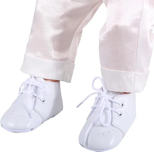 Vista 3 de Booulfi Conjunto de botines para bebé recién nacido para bautizo, bautizo, zapatos y calcetines