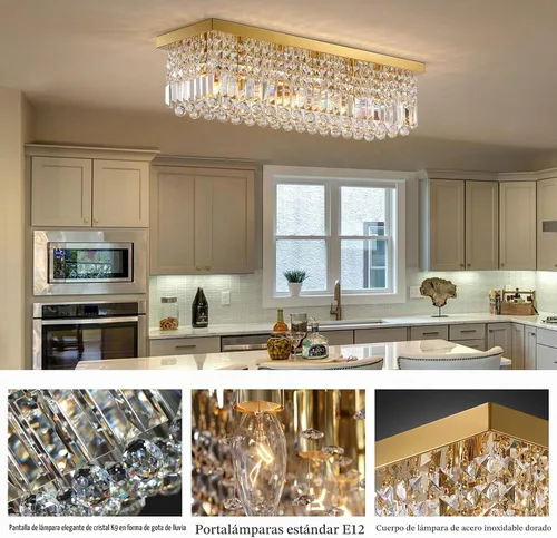 Vista 8 de Siljoy - Candelabro moderno de 6 luces con cristal, dorado, rectangular, con cristales K9, diseño de gota de lluvia, montaje empotrado