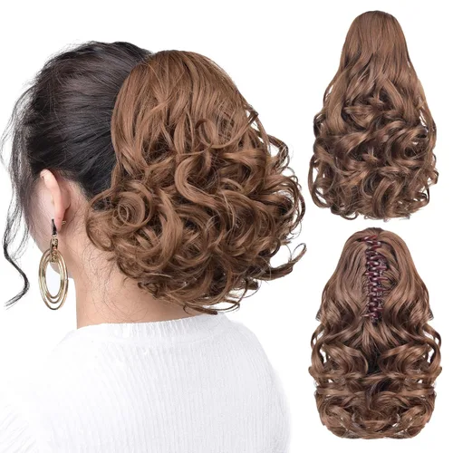 Vista 26 de Cola de caballo con clip, color castaño rojizo, ondulado de 10 pulgadas, extensión de cola de caballo de 3.3 onzas, extensiones de cabello sintético