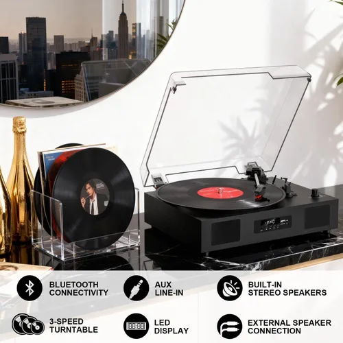 Vista 2 de Tocadiscos de vinilo Bluetooth con dos altavoces incorporados, grabación USB, transmisión por correa, 3 velocidades, tocadiscos para discos