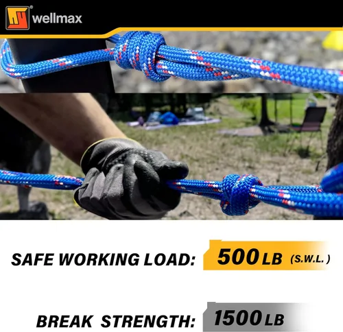 Vista 3 de Wellmax Cuerda de nailon trenzado de diamante, 3/8 pulgadas por 50 pies, color azul, extra fuerte, resistente a la luz solar y a la intemperie