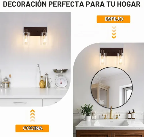 Vista 6 de 2 Luces de Iluminación para Baño, Accesorios de Iluminación de Tocador en Bronce Cepillado con Soporte de Vidrio Transparente de 33cm, Lámparas