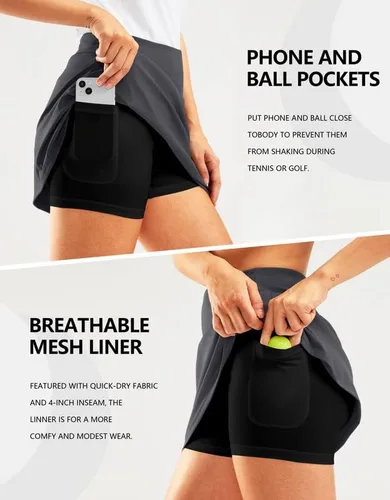 Vista 4 de SANTINY Falda pantalón de golf de 16 pulgadas para mujer, bolsillos con cremallera, falda de tenis de cintura alta para mujer, falda deportiva