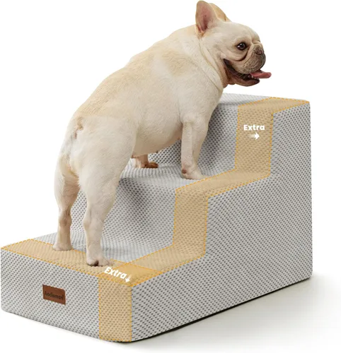 Vista 16 de Aodisman - Escaleras para perros y gatos pequeños, escalones de 3 escalones para mascotas para sofá y cama Beige