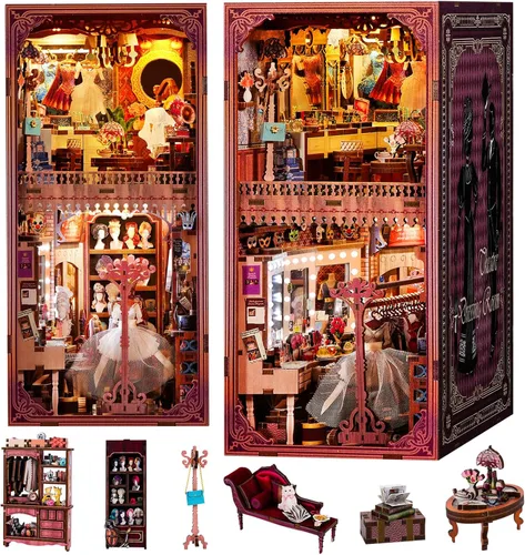Vista 12 de fifijoy Kit de rincón de libros, casa de muñecas en miniatura para adultos y adolescentes, rompecabezas de madera 3D con luz LED, decoración retro