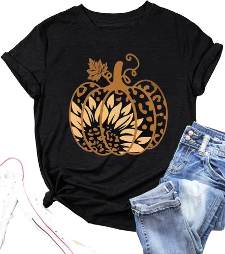 Vista 7 de Woffccrd - Camisetas divertidas con estampado de calabaza y leopardo para mujer, camisetas gráficas de manga corta de Halloween para mujer