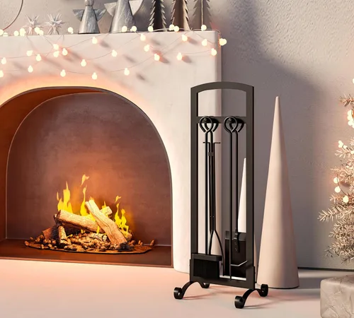 Vista 2 de Juego de herramientas para chimenea de 5 piezas, accesorios elegantes y simples para el hogar con póker, pinzas, pala, cepillo, negro