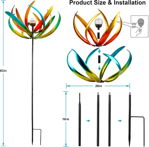 Vista 9 de Molinillo de viento solar grande de 83 pulgadas para exteriores, escultura de flor de tulipán de metal con bola de vidrio LED multicolor, arte