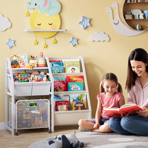 Vista 6 de Estantería para niños y organizador de almacenamiento de juguetes, estante de 3 niveles para habitaciones de niños con cajón móvil, estantería
