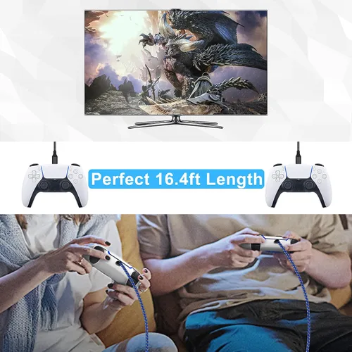 Vista 7 de Cable de carga de 16.4 pies para PS5para Xbox Series XSpara controlador Switch Pro, cable de carga USB de repuesto de nailon trenzado tipo C