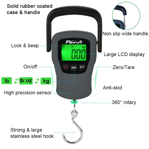 Vista 3 de Báscula digital de pescado, báscula electrónica para colgar peces con mango grande y cinta métrica, báscula de pesca de 110 libras / 110.2 lbs, 3