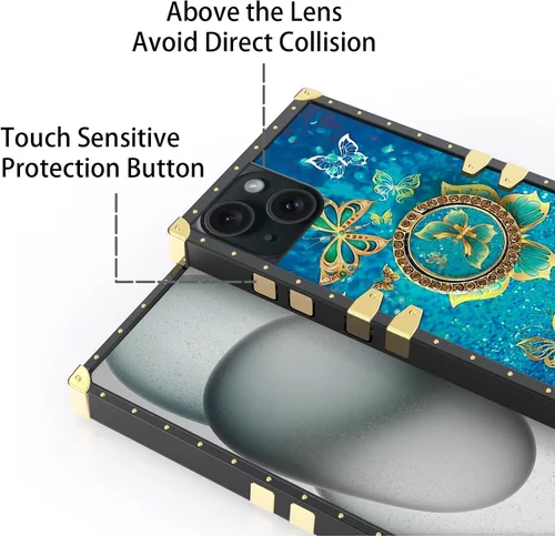 Vista 5 de nancheng Funda para iPhone 15, diseño de flor de mariposa azul, TPU suave, a prueba de golpes, con soporte de anillo y cordón a juego, elegante