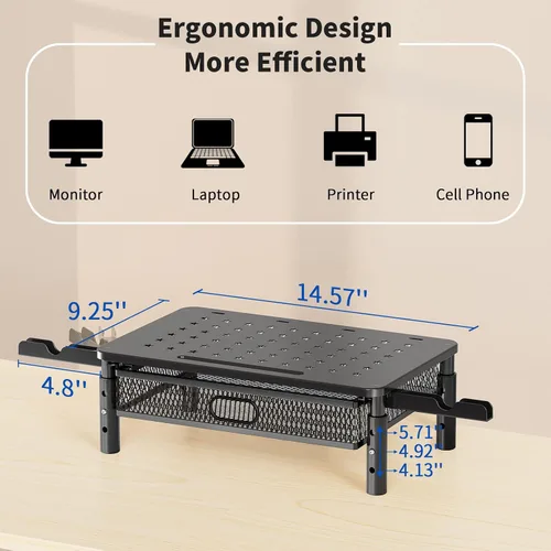 Vista 4 de Zimilar Soporte elevador para monitor con cajón de malla metálica, elevador de monitor de altura ajustable con soporte para teléfono
