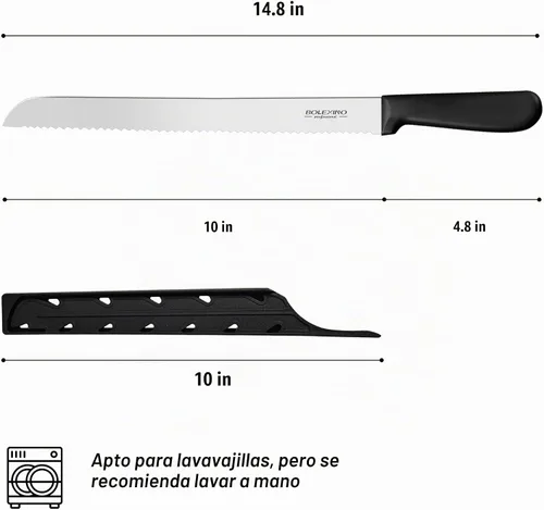 Vista 7 de Cuchillo dentado de 10 pulgadas para pan casero, cuchillo de acero inoxidable con borde ondulado ancho, cuchillo de cocina multiusos, cortador