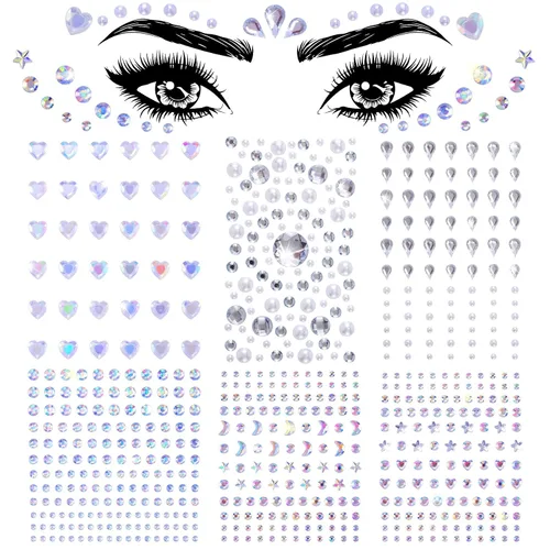 Vista 10 de OIIKI 4 hojas de calcomanías de gemas de cara de corazón de estrella, calcomanías de acrílico para joyería de cuerpo, perlas de luna de Halloween
