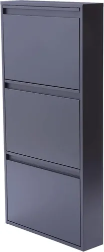 Vista 8 de Zapatero moderno de 3 cajones, almacenamiento de zapatos de entrada, cajones abatibles, estante oculto, montado en la pared, color gris