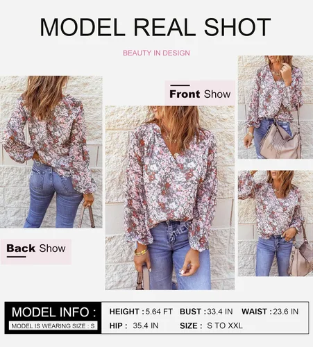 Vista 4 de SHEWIN - Blusas casuales, holgadas, de estilo bohemio, mangas largas, con cuello en V y estampado floral para mujer