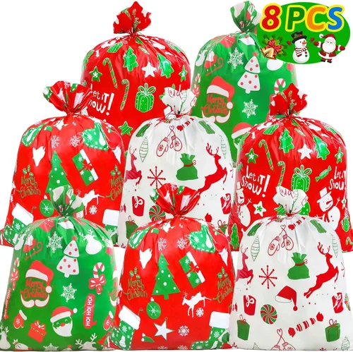 Vista 12 de ZMCINER 38 PCS bolsas de regalo de Navidad con cordón de varios tamaños, bolsas de Navidad con cordón para regalos de Navidad, regalos