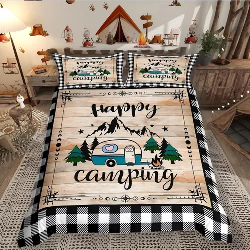 Vista 28 de Erosebridal Juego de funda de edredón de cabaña de cabaña, ropa de cama individual para niños, funda de edredón de campamento feliz, ropa de cama