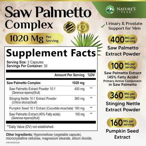Vista 2 de Saw Palmetto - Suplementos de salud para próstata para hombres, 1000 mg, 3 veces más fuerza con semillas de calabaza, bloqueador de DHT, salud