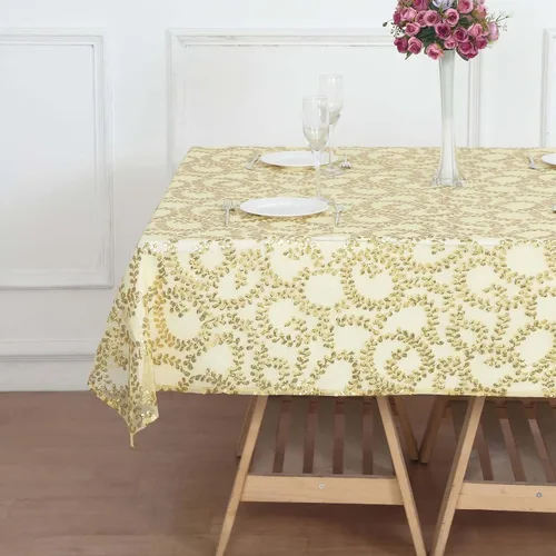 Vista 5 de Efavormart - Superposición de mesa de tul bordado de hojas de lentejuelas doradas de 72 x 72 pulgadas, mantel cuadrado transparente