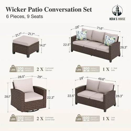 Vista 53 de HERA'S HOUSE - Juego de muebles para patio con mesa para fogata, muebles de mimbre para exteriores, sofá de conversación con asientos profundos