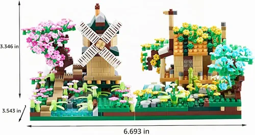 Vista 5 de Kadablk Conjunto de Construcción de Microbloques de Casa del Árbol Sakura, Conjunto de Construcción de Modelo de Molino de Viento de Amistad, 1200