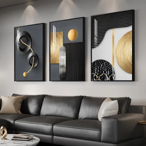 Vista 20 de Arte de pared moderno enmarcado en blanco y negro, 3 piezas de impresiones contemporáneas grandes para paredes, juego de 3 imágenes de hojas doradas