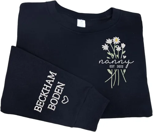 Vista 6 de NAZENTI Personalized Flower Sweatshirt for Women, Embroidered Grandma Gift G08.
