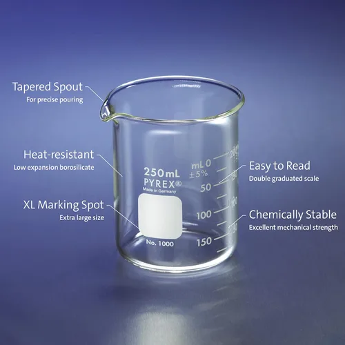 Vista 2 de PYREX Griffin - Vaso de precipitados de vidrio de borosilicato, vaso de precipitados de medición graduado de forma baja con pico, cristalería