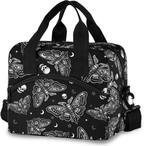 Vista 9 de MNSRUU Bolsa de almuerzo aislada murciélagos y flores vintage mujeres hombres tela tote enfriadora para cena bolsa reutilizable a prueba de fugas