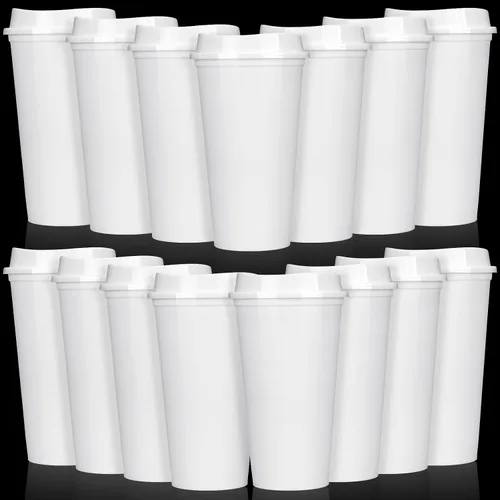 Vista 21 de Domensi Paquete de 15 tazas de café reutilizables con tapas, vasos de viaje desechables de 16 onzas, vasos de plástico a granel para llevar, vasos