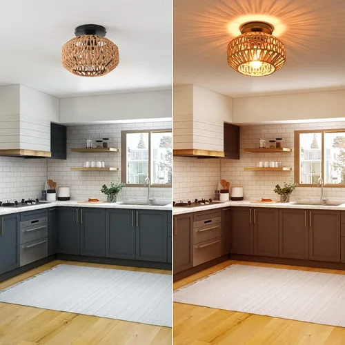 Vista 8 de 1 paquete de lámparas de granja para montaje en techo, mini lámpara de techo de ratán bohemio semiempotrada, accesorios de luz de pasillo tejidos a