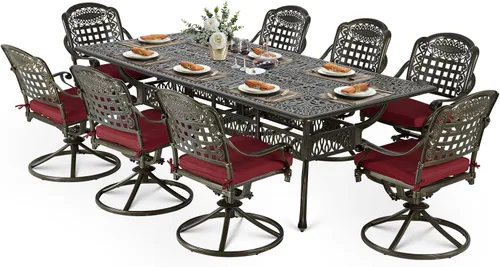 Vista 20 de VIVIJASON Juego de comedor al aire libre de 9 piezas, juego de mesa y sillas de patio de aluminio fundido para 8, incluye mesa rectangular de 94.5