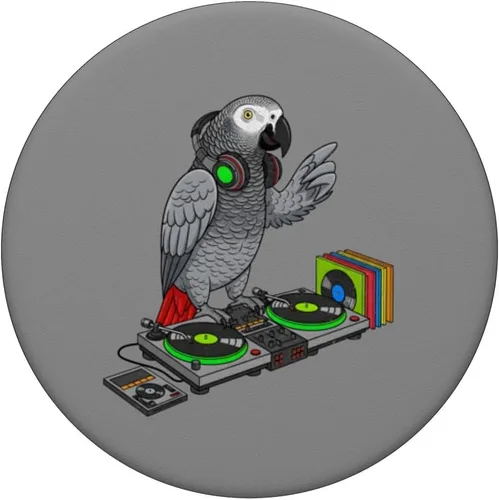 Vista 3 de Tocadiscos de vinilo con diseño de loro de música retro, color gris africano, PopSockets adhesivos, PopGrip