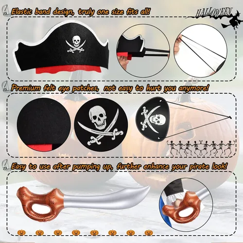 Vista 3 de Legigo Juego de 18 piezas divertidas de fiesta pirata, incluye 6 sombreros de pirata, 6 parches para ojos, 6 espadas inflables para fiesta pirata