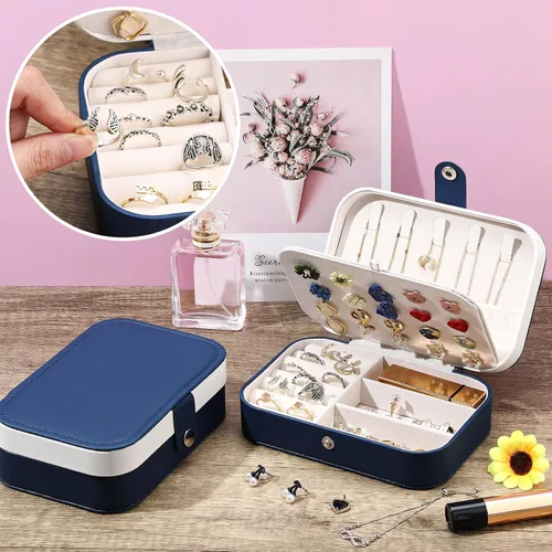 Vista 4 de Kigeli Joyero de viaje de piel sintética, pequeño joyero portátil para dama de honor, caja de regalo de doble capa, organizador de joyas de viaje