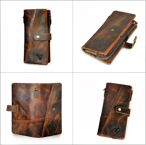 Vista 61 de Genuino Caballo Loco Cuero Regalo de Viaje Moneda Bolsillo Tarjetero Organizador Largo Cadena Rfid Cartera Monedero Con Broche Para Hombres Hombres