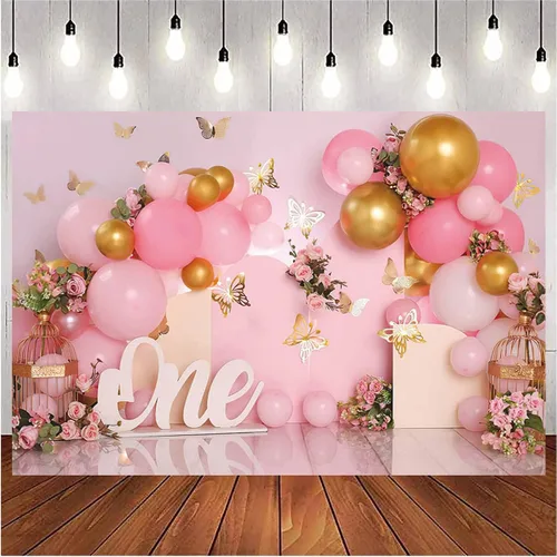 Vista 2 de Telón de fondo de 1er cumpleaños para niña, globos rosados, mariposa dorada, dulce para niños, decoración de fiesta de cumpleaños, fotografía