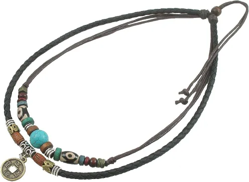 Vista 2 de Collar Ancient Tribe unisex de cuero negro y cáñamo ajustable con abalorios turquesa
