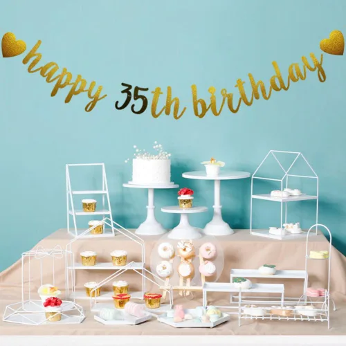 Vista 3 de Betteryanzi - Cartel de feliz cumpleaños número 35, guirnalda de papel con purpurina dorada y negra para suministros de decoración de fiesta