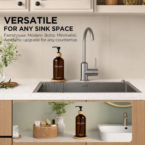 Vista 3 de Dish Soap Dispenser, 16 OZ Glass Kitchen Soap Dispenser with Bamboo Pump and Tray, Refillable Hand Soap Dispenser for Kitchen Countertop, Modern