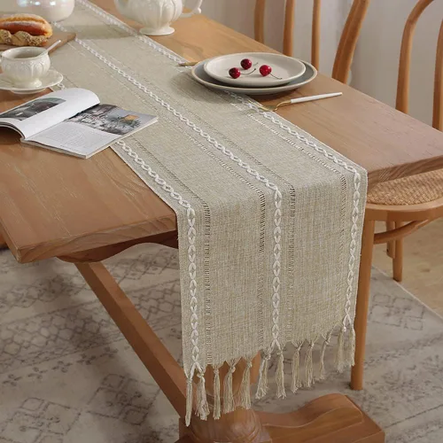 Vista 4 de Camino de mesa trenzado con borlas tejidas de macramé, camino de mesa para comedor, mesa rectangular al aire libre, decoración de fiesta
