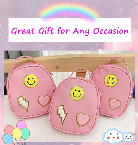 Vista 7 de Bolsa cruzada con parche de arcoíris y cara feliz para niñas, bolso cruzado pequeño para niñas pequeñas, bolso pequeño para teléfono, Rosado