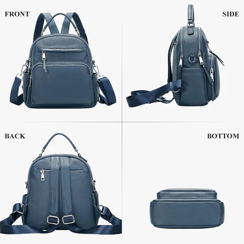 Vista 4 de ALTOSY Mochila de cuero genuino para mujer, pequeña mochila convertible bolso para damas, bolso de hombro 4 en 1 para llevar, azul, (Linen Blue)