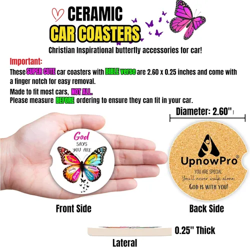 Vista 8 de Posavasos cristianos para portavasos – Paquete de 2 bonitos versículos de la Biblia de mariposa, accesorios de coche para mujeres, decoración de fe