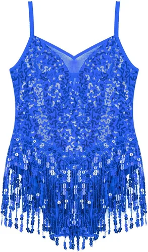 Vista 4 de Xnihocha Vestido de baile latino con borlas y lentejuelas brillantes para niñas y niñas, falda tutú, leotardo, moderno, disfraz de salón de jazz