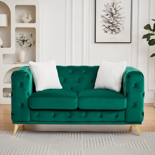 Vista 25 de KEIKI Sofá Chesterfield de terciopelo de lujo extragrande de 61 pulgadas con 2 almohadas, estilo mediados de siglo, sofá de 2 plazas con botones