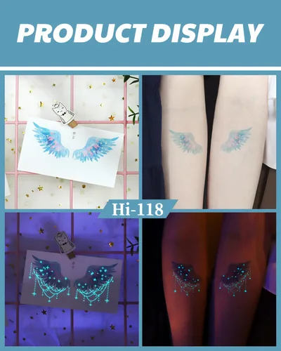 Vista 7 de 20 hojas de tatuajes temporales de mariposa que brillan en la oscuridad para mujeres, flores luminosas, mariposas, alas de tatuaje, calcomanías